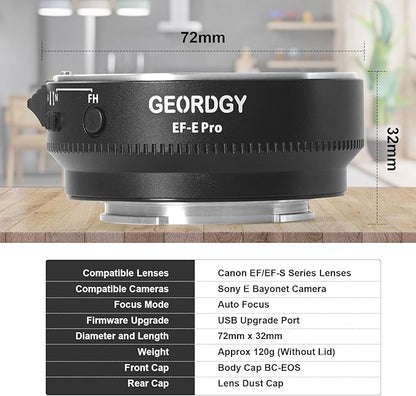 GEORDGY Lens Mount Adapter, EF-SE Pro for Canon EF/EF-S Lenses, Compatible with Sony E-Mount Series Cameras, Custom Assignable Functions to Focus Lock Button