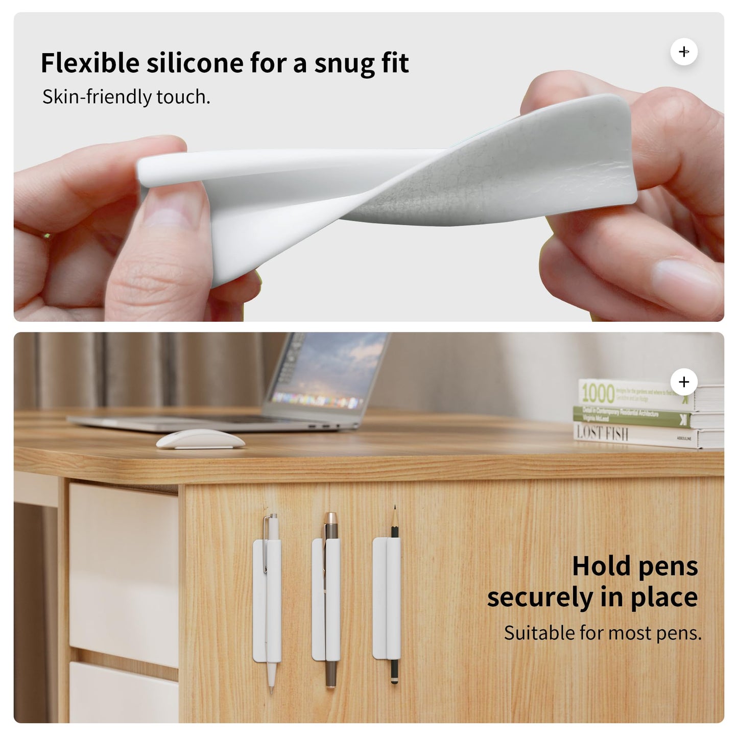 ELETIUO Pencil Holder For Most Pens,Pencils,Self-Adhesive Stick To Notebooks,Diary,Desks,Whiteboards Or Any Surface,Silicone Pen Holder For Home,Office And Desk Organization,White