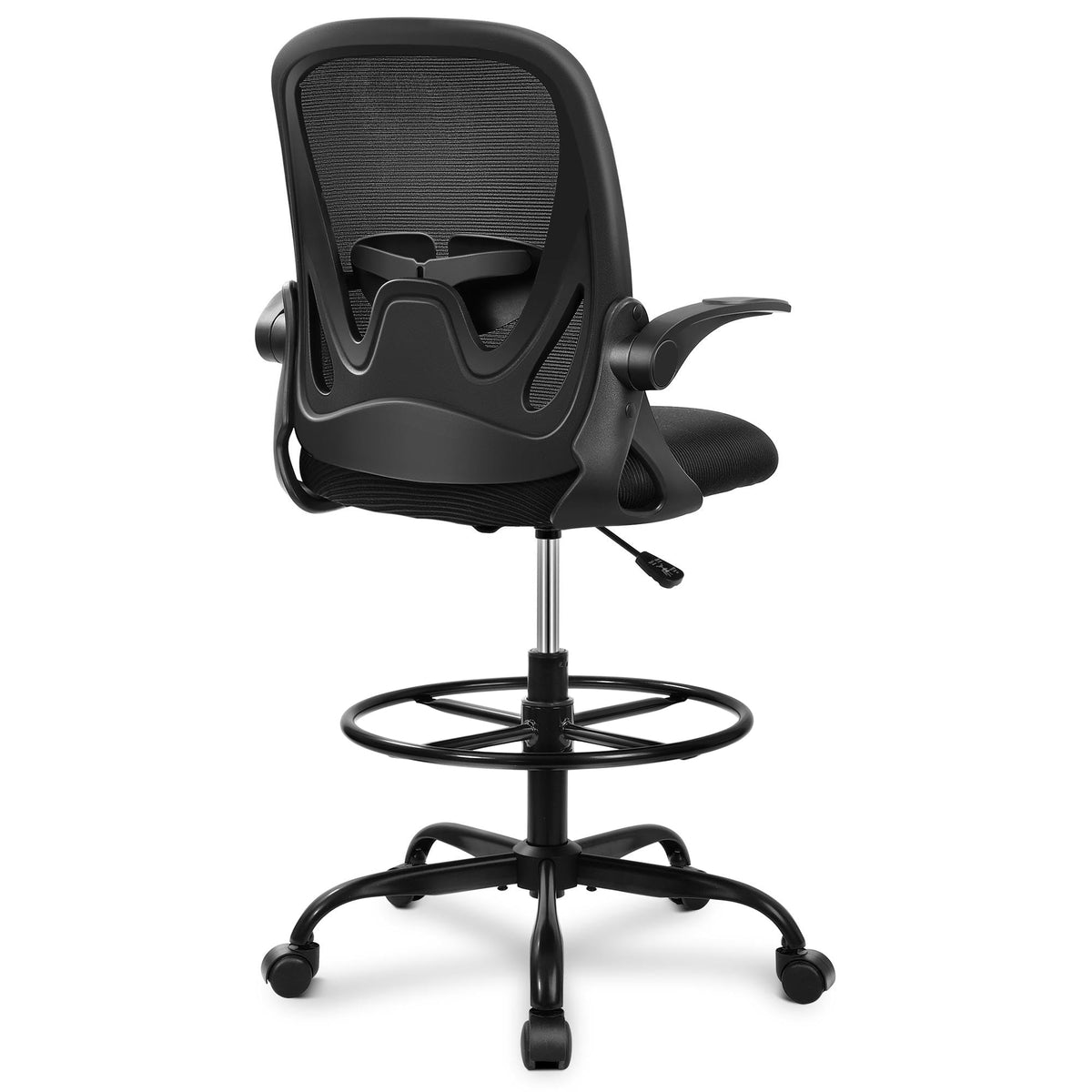 Drafting Chair Tall Office Chair with Flip-up Armrests, Adjustable Height, and Enhanced Lumbar Support - Ergonomic Rolling Stool, Back Support, and Adjustable Foot Rest Ring Light Blue
