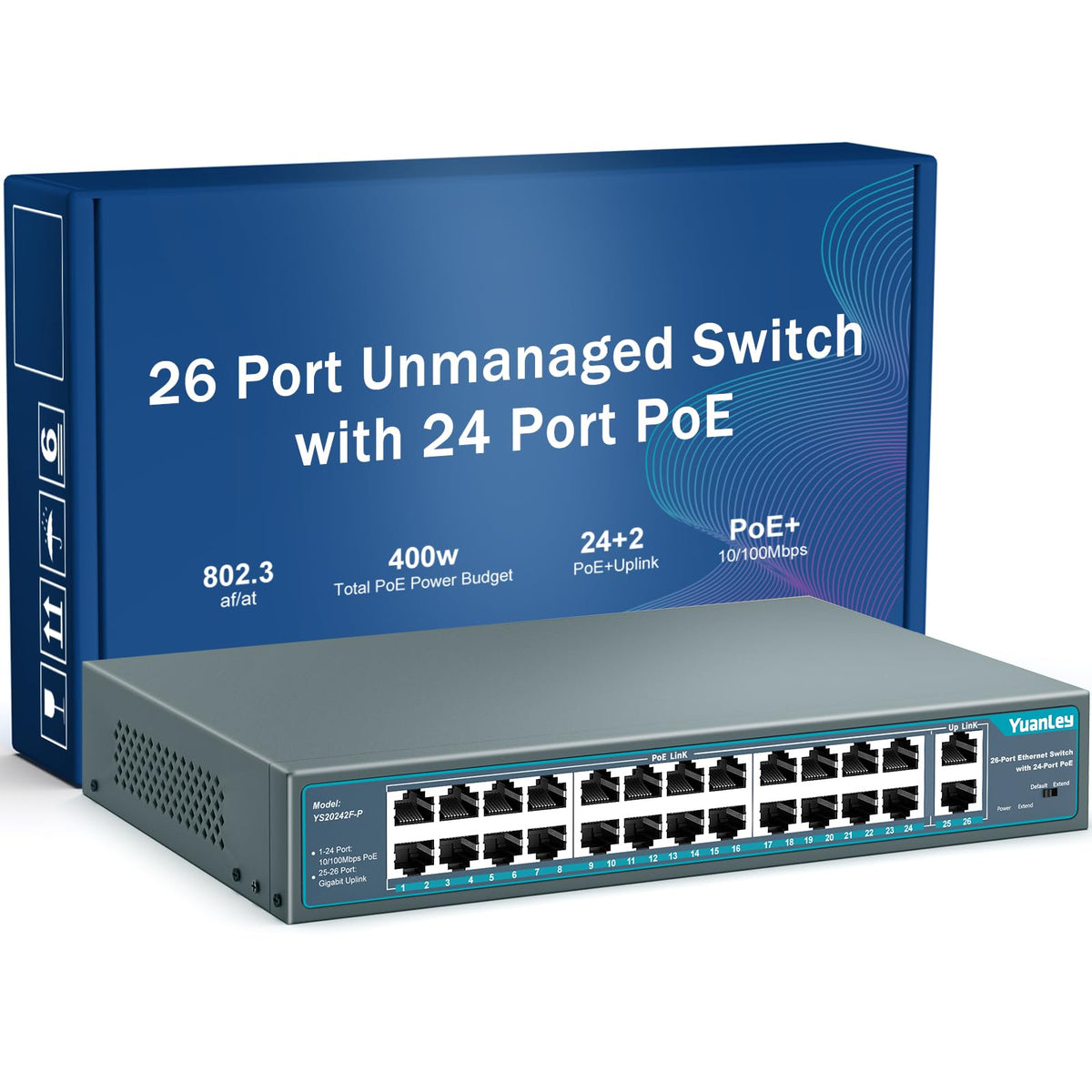 YuanLey 8 Port PoE Switch with 2 Gigabit Uplink, 8 PoE+ Port 100Mbps, 120W 802.3af/at, Extend Function, Metal, Fanless, Unmanaged Plug and Play Network Switch