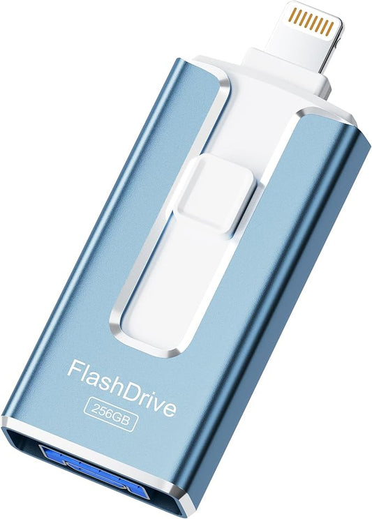 MFi Certified 256GB Flash Drive for iPhone iPad, Photo Stick for External Memory Storage, Easily Back Up and Save Photos Videos, 4 in 1 USB Memory Stick Thumb Drive for iPhone/iPad/Android/PC (Blue)