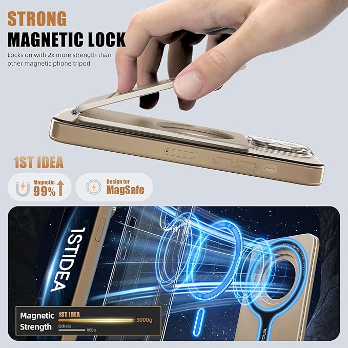 IST IDEA for Magsafe Tripod, Tripod for iPhone Lightweight Aluminum Alloy & Angle Adjustment & Strong Magnets iPhone Tripod Stand Compatible with 17/16/15/14/13/12 (Included Metal Ring)