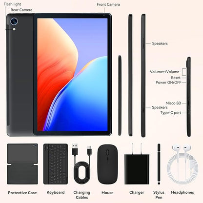 Tablet,10.1" Android 15 Tablet with Octa-core Processor 24GB RAM 128GB ROM HD IPS Touchscreen 8H Battery, Wi-Fi 6, BT 5.0, Dual Camera, Android 15 Tablets with Keyboard Mouse Stylus Case Headphone