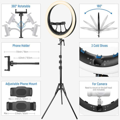 NEEWER Ring Light RP19H 19 Inch with Tripod Stand 3 Phone Holders Compatible with iPhone, Upgraded 2.4G Touch Control Ringlight for Video Recording Streaming Home Office Zoom Selfie Makeup Lighting