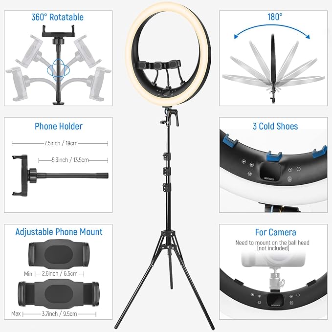 NEEWER 19 inch 2.4G Ring Light with Stand, 3 Phone Holders, 2.4G USB Transmitter for Mac/PC Remote Control, Touch Panel, Smooth Dimming at 1%, 3200K-5600K for Selfie TikTok Live Streaming Zoom, RP19H