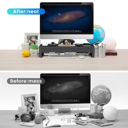 meatanty 3 In 1 Monitor Stand Riser with 2 Drawers,1 Wireless Charging Module and 4 USB Ports,Metal Computer Stand Support Transfer Data & Charging,Desk Organizer for PC,iMac (21 inches)