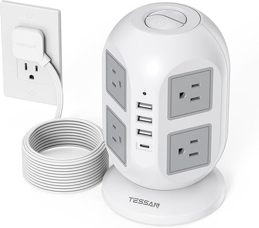 TESSAN Tower Power Strip 10 ft, Long Flat Extension Cord，Multiple Outlets