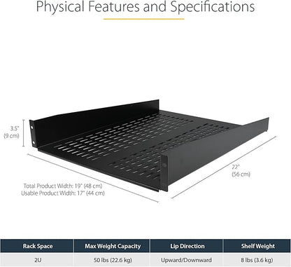 StarTech.com 2U Server Rack Shelf - Universal Vented Rack Mount Cantilever Tray for 19" Network Equipment Rack & Cabinet - Heavy Duty Steel - Weight Capacity 50lb/23kg - 22" Deep Shelf (CABSHELF22V)