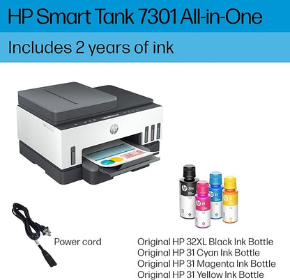 HP Smart Tank 7301 Wireless All-in-One Refillable Ink Tank Printer, Scanner, Copier with 2 years of ink included, Best for home office(28B70A)