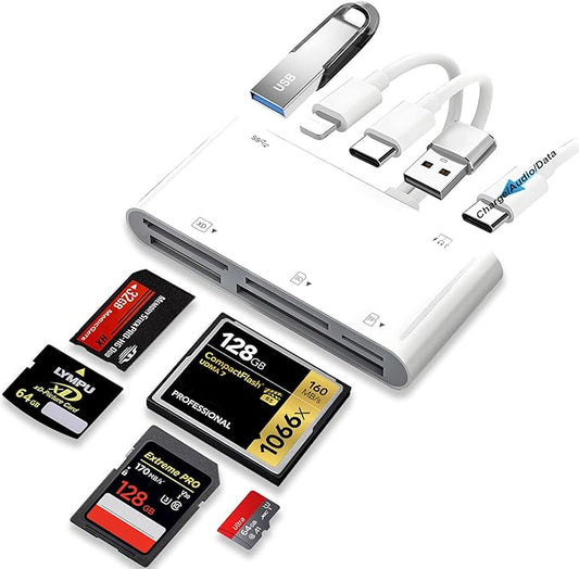 9-in-1 Memory Card Reader Universal Card Reader for iPhone/iPad, CF/SD/MicroSD/MS/XD Card Reader & USB OTG Adapter with USB/USB-C/Lightening Connector for iPhone 16/iPad Pro/Samsung Galaxy/MacBook etc