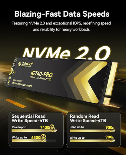 ORICO Industrial SSD 4TB M.2 NVMe SSD, PCIe 4.0 Drive with 7400MB/s Read Speed, Advanced Data Security and Innovative Heatsink, for Edge Computing, Industrial PC, Personal Laptop and PS5 - IG740PRO
