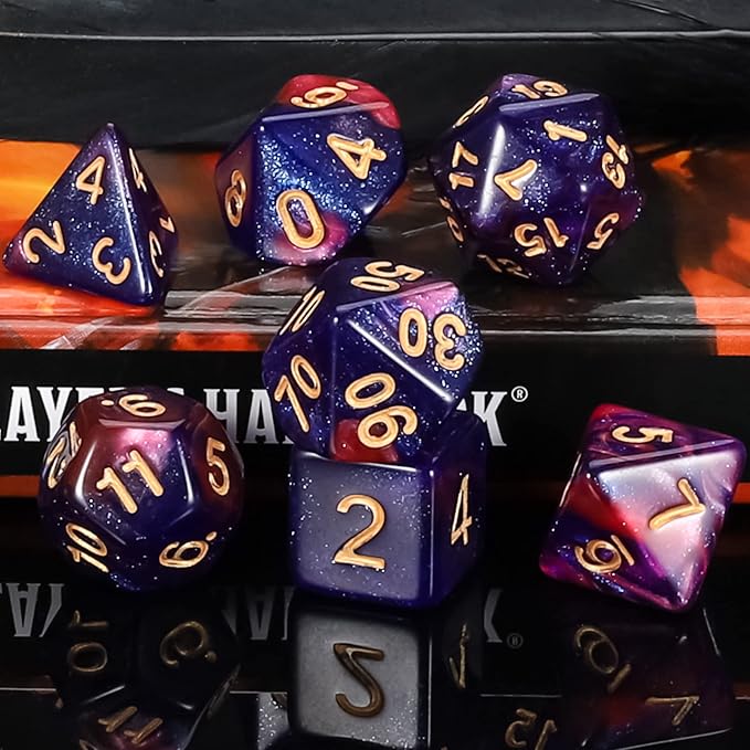 QMAY DND Dice Set - Polyhedral Dice (Blue Mix Purple Nebula) 7 Pcs for Dungeon and Dragons D&D RPG Role Playing Games Dice with Dice Bag