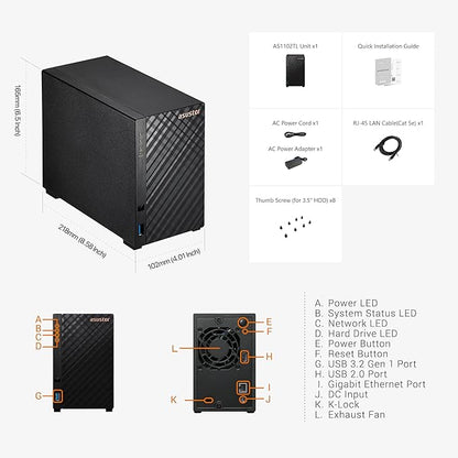 Asustor Drivestor 2 Lite AS1102TL, 2 Bay NAS, 1.7GHz Quad Core, 1GbE Port, 1GB RAM DDR4, Personal Private Cloud, Backup for Home & Small Office, Network Attached Storage(Diskless)
