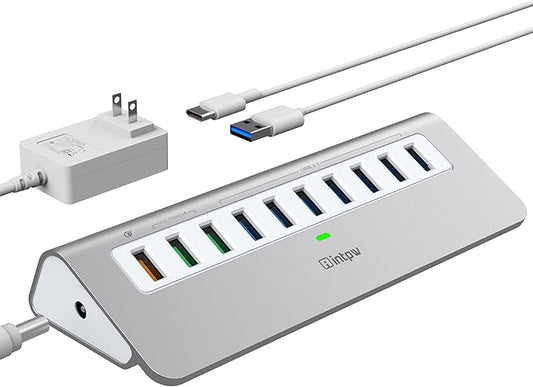 Powered USB Hub 10Gbps, 10 Port USB 3.2 Gen 2 Hub with 7 USB 3.2 Data Ports, 3 Fast Charging Ports, 36W Power Adapter, Type A and Type C Cable, Aluminum USB Hub for Laptop, Mac, PC