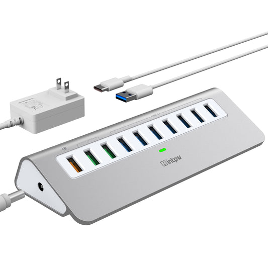 Powered USB Hub 10Gbps, intpw USB Port Hub with 10 Port USB 3.1 Data, 36W Power Adapter, 3.3FT USB-A & USB-C Cables, Aluminum USB Hub for PC, Laptop, Mac, Desktop