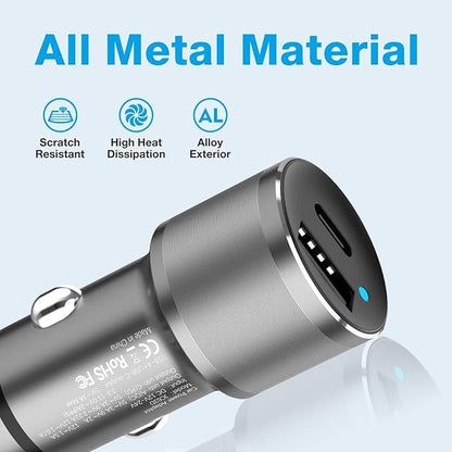 MOCA 38W Fast Car Charger, Dual Port USB C Power Delivery All Metal Lighter PD/ QC3.0 Car Charger with 2 Pack PD Lightning Cord Quick Charging for iPhone 16 15, Samsung Galaxy S25 S24, Pixel, Android