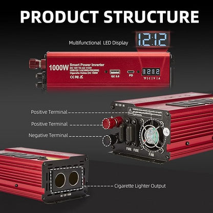 TWING Car 1000w Inverter,12v DC to 110v Power Inverters for Vehicles 1000 watt with Dual AC Outlets 3.0A USB and Type-C,12 Volt Inverter Car Cigarette Lighter Battery