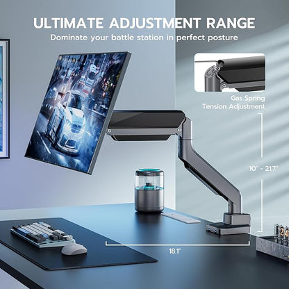 ARES WING Single Monitor Arm, Heavy Duty Adjustable Monitor Arm for 13"-45" Screens with USB, Gas Spring Desk Mount Stand with C Clamp/Grommet Mounting Base up to 40lbs Computer, Gray