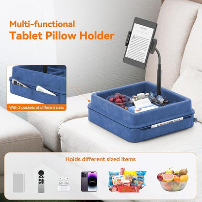 KDD Tablet Pillow Holder - 360°Adjustable iPad Pillow Stand for Lap, Bed and Desk - Gooseneck Tablet Soft Pad Dock with Storage Tray and Pocket Compatible with iPad Pro 12.9, Air Mini, Phone,(Blue)