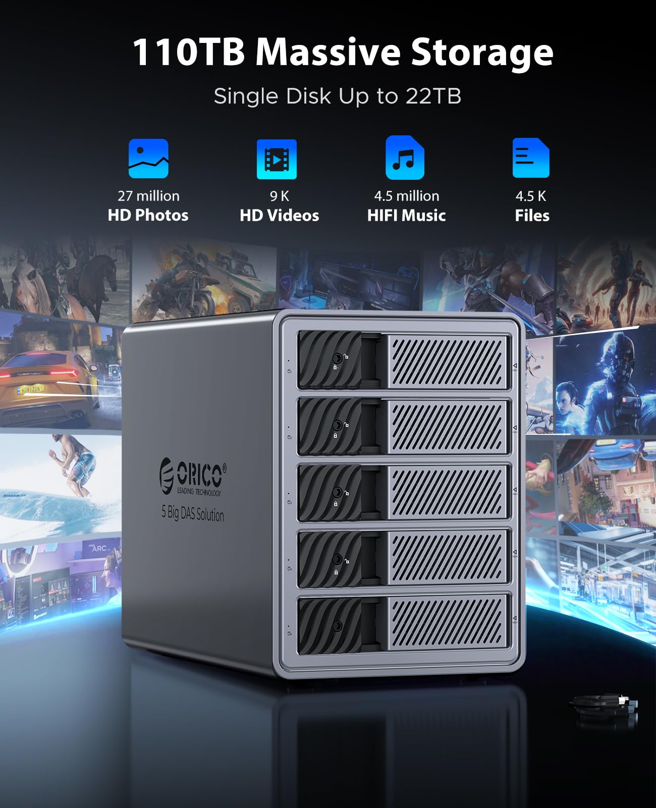 ORICO RAID 5 Bay HDD Enclosures USB 3.0 Push-Pull Mounting for 3.5-inch HDD, Max 110TB, External Direct Attached Storage 8 RAID Modes Supported 9858RU3