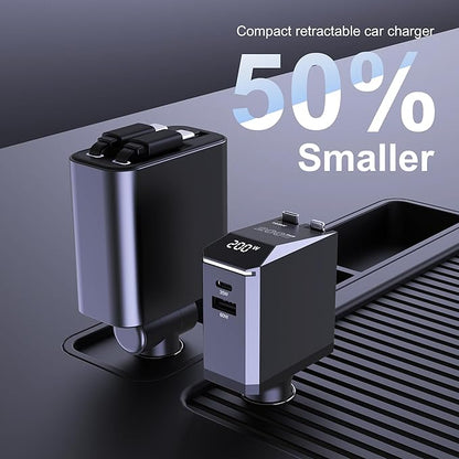 Aftertop 200W Retractable Car Charger, 3-in-1 Independent Fast Charging, 2.3ft 105W Retractable Cable, Power Display USB C Car Charger for MacBook Pro, iPhone 16 15, Galaxy S25 S24 Ultra etc