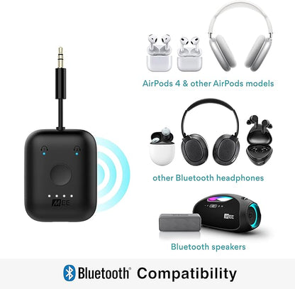 MEE audio Connect Air in-Flight Bluetooth Wireless Audio Transmitter Adapter for up to 2 AirPods/Other Headphones; Works with All 3.5mm Aux Jacks on Airplanes, Gym Equipment, TVs, & Gaming Consoles