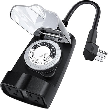 G-ELEK Outdoor Timer Waterproof, 24 Hour Light Timer, Timers for Electrical Outlets, Ideal for Pool Pump, Christmas Lights, Heavy Duty, 2 Grounded Outlets, ETL Listed, Black