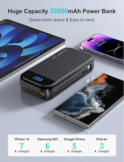Portable Charger Power Bank 32000mAh with Built in Cables, PD3.0 USB C Fast Phone Charger, 5 Outputs LCD Display Travel Battery Pack Compatible with iPhone, Samsung All Cell Phones (Black)