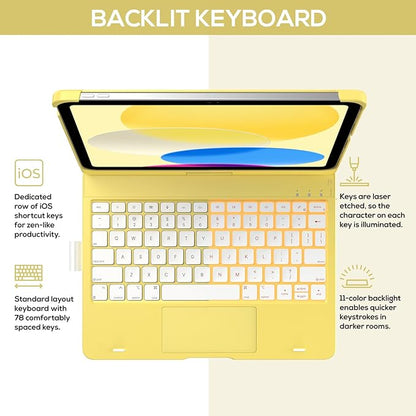 typecase Touch iPad 10th Generation Case with Keyboard (10.9", 2022) and iPad A16 (11th Gen, 2025) – 360° Rotatable, 11-Color Backlit, Multi-Touch Trackpad, Thin & Light (Yellow)