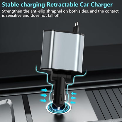Retractable Car Charger, 120W 2.7Ft Retractable Cables and 4 Electronic Ports, Car Accessories Compatible for iOS & Android Cell Phones All Device Charging