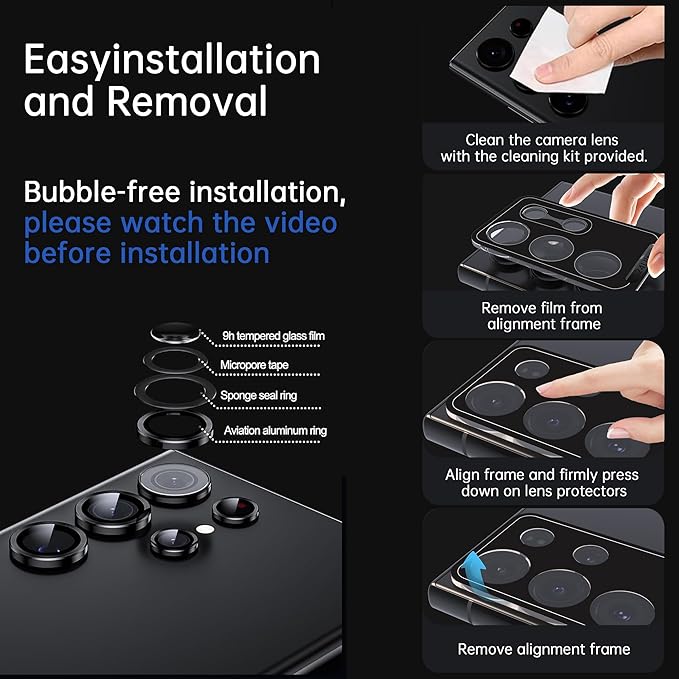 For Samsung Galaxy S25 Ultra Camera Lens Protector, Individual Lens Protector, Ultra HD 9H Tempered Glass Screen Protective Cover, Anti-scratch, Military Grade Drop Protection 2 Set. (Glitter Black, S25 Ultra)