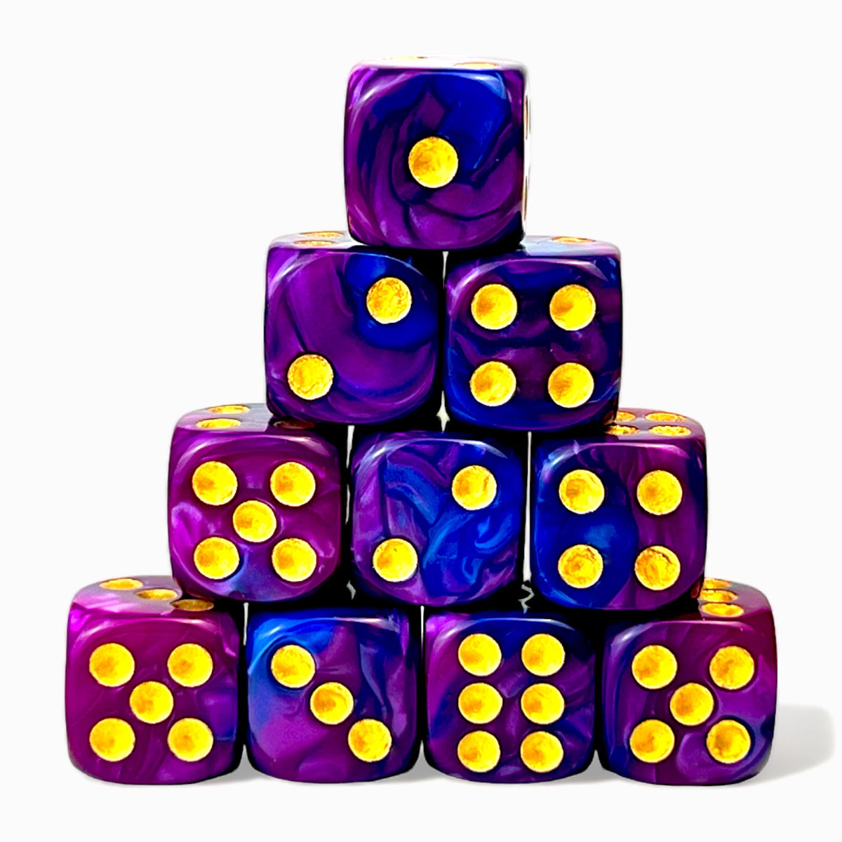 Luck Lab 10 Pack 16mm D6 Acrylic Dice Set - Blue & Purple Swirl w/Gold Pip