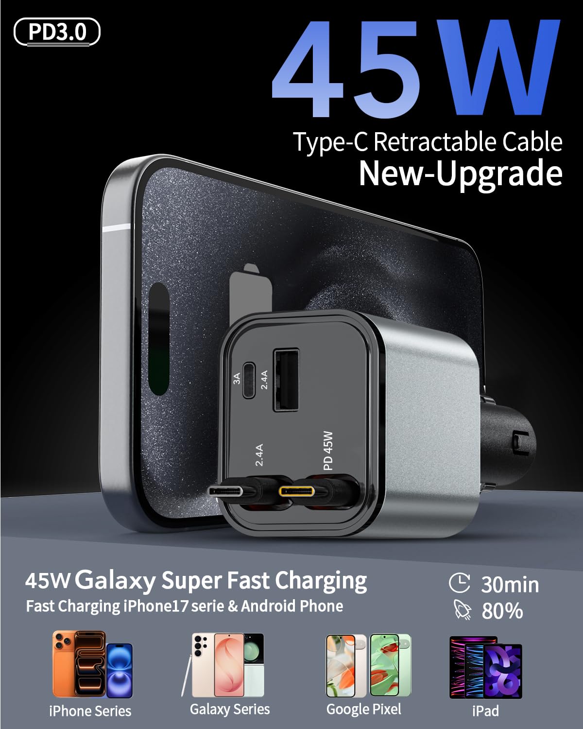 84W Retractable Car Charger,Car Phone Charger USB C Fast Charge for iPhone