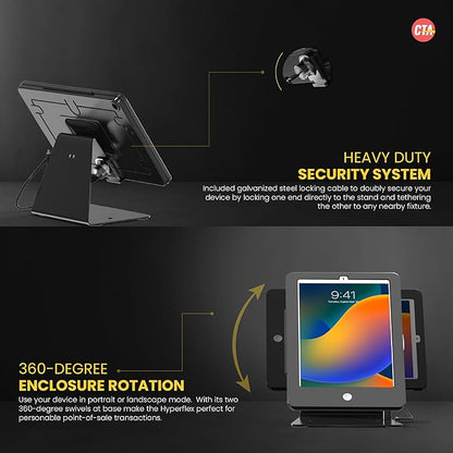 Desktop Anti-Theft Stand – CTA Kiosk Stand with Stylus, Tether, and Aluminum Enclosure for iPad 11th Gen A16 11” - 10th Gen 10.9” - Air 4th & 5th Gen - 11” Pro & More - Black (PAD-DASB109)