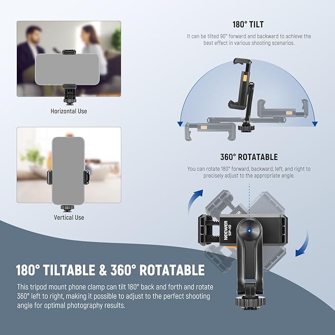 Neewer Basic Phone Tripod Mount Holder with 1/4" Thread & Cold Shoe, 2.36"-3.54"/6-9cm 360° Rotatable Camera Mount Cellphone Clamp for iPhone 15 14 13 12 11 Pro Max X XR Samsung S24 Ultra, SP-10