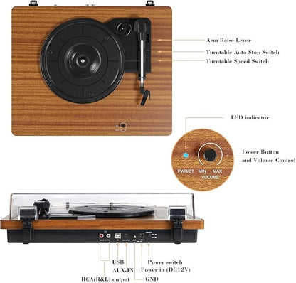 Record Player for Vinyl with 30W Speakers Upgraded，3-Speed (33/45/78 RPM) can Play 7/10/12-inch Vinyl Records, Support Bluetooth Connection, Record in MP3 Format