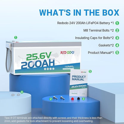 Redodo 24V 200Ah LiFePO4 Lithium Battery, Built in 200A BMS, Max. 5120Wh Energy, Up to 15000 Deep Cycle Lithium Battery, Perfect for Solar Home System, RV, Off Grid, Marine (4 Pack)