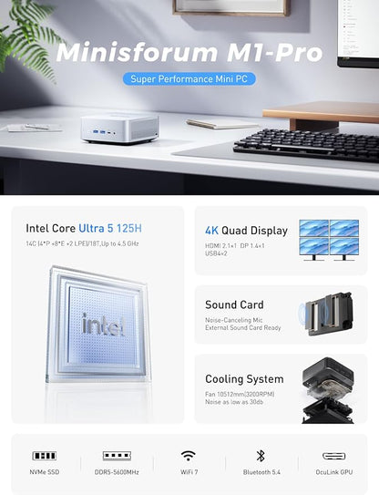 MINISFORUM AI Mini PC M1 Pro-125H with Intel Core Ultra 5 Processor 125H(14C/18T,up to 4.5Ghz), Mini Computer 32GB DDR5 PCIe4.0 SSD 1TB,Triple Display with HDMI 2.1/USB4/DP,5X USB Ports, WiFi 7,BT5.4