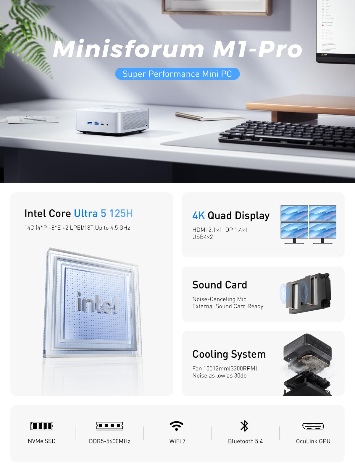 MINISFORUM AI Mini PC M1 Pro-125H with Intel Core Ultra 5 Processor 125H(14C/18T,up to 4.5Ghz), Mini Computer 32GB DDR5 PCIe4.0 SSD 1TB,Triple Display with HDMI 2.1/USB4/DP,5X USB Ports, WiFi 7,BT5.4
