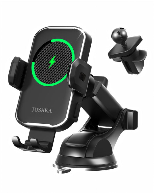 JUSAKA Wireless Car Charger,15W Fast Charging Auto Clamping Phone Holders for Your Car Compatible with iPhone 16/15/14/13, for Samsung Galaxy S24 Ultra S23 S22 S21, S20, S10+ (Black)