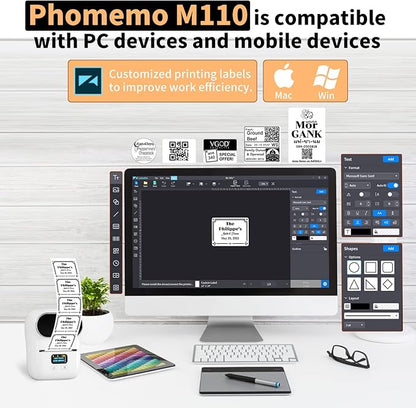 Phomemo M110 Label Makers - Portable Bluetooth Thermal Label Maker Machine,Label Printer for Barcode, Clothing, Jewelry, Retail, Mailing, for Android & iOS, with 1Pack 40×30mm Label, White