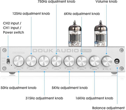 Douk Audio HiFi Vacuum Tube 7-Band EQ Preamp Equalizer XLR Pre-Amplifier Home (T8 PRO Silver)