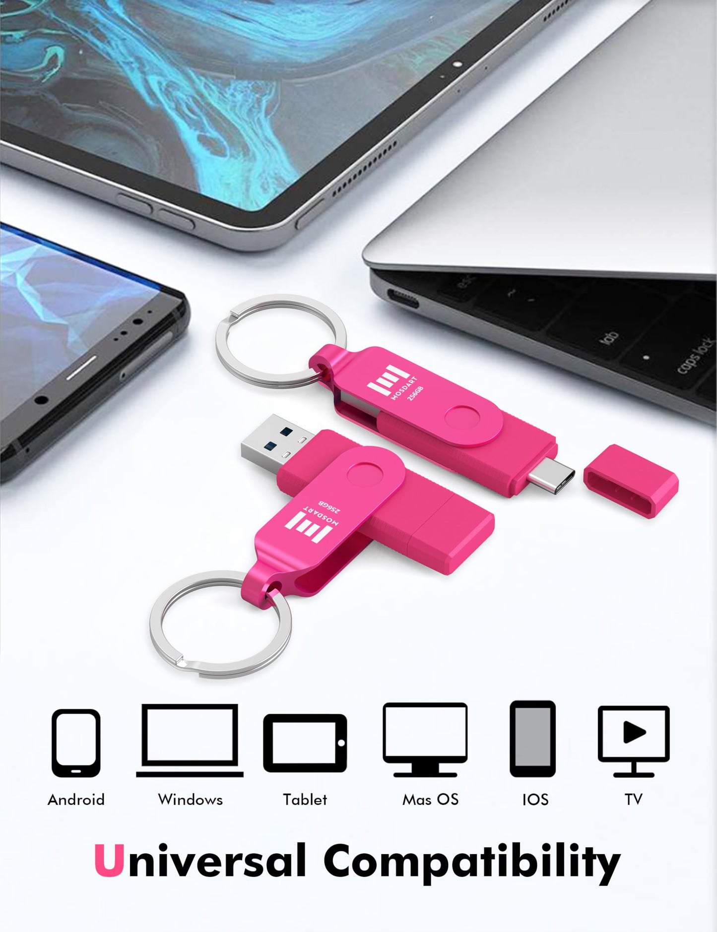 MOSDART 256GB USB C and A 3.2 150MB/s Dual Flash Drive with Keychain, Pink