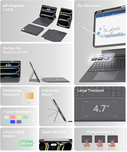 EIP Bluetooth Keyboard Case for iPad Pro 11 inch (M4) 2024, 11" Magnetic Detachable Cover with Trackpad, Patented Stylus Shortcuts, 7-Color Backlit Keys, Slim Protective Smart Case