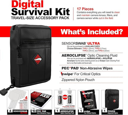 Photographic Solutions Digital Survival Kit - Type-2 (17mm) Sensor Swabs, PEC-PAD Photo Wipes, E-Wipe Packet, Aeroclipse Optic Cleaner Non-Flamable Solution - Camera Cleaning Kit with Travel Bag