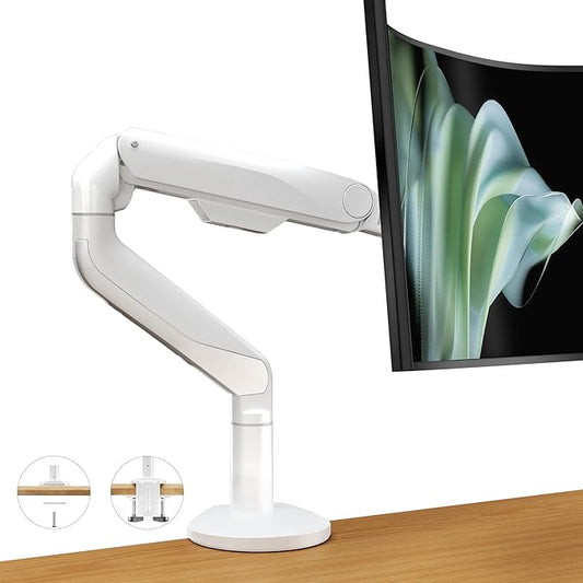 Ergounion Ultrawide Single Monitor Mount, Adjustable Gas Spring Monitor Arm for 17 to 49 inch Screens, 75/100 Vesa Mount with C-Clamp and Grommet Base, White