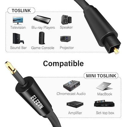 Elecan Mini Toslink to Toslink Digital Optical S/PDIF Audio Cable 20 Ft, Gold Plated Soft Flexible Fiber Optic Cable,Signal Protection PVC,Surround Sound for Soundbar,Home Theater,Hi-Fi System+Ties MI