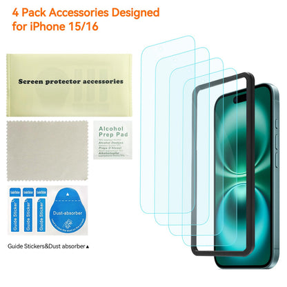 Focuses 4 Pack Anti Blue Light Screen Protector for iPhone 16,iPhone15 [6.1inch] with Installation Frame,9H+ Anti Blue Light Tempered Glass, Anti-Scratch, Case Friendly