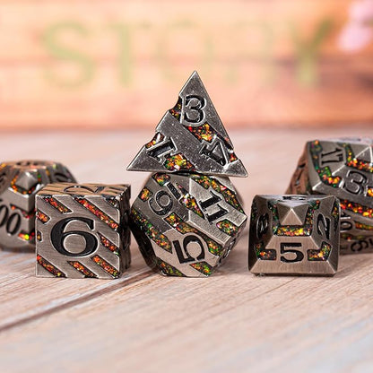 Anitque Metal Dice D&D,Metal Glitter Stripe Dice 7pcs Set with Gift Case,Polyhedral Dice for Role Playing Game (Antique Nickel Red)