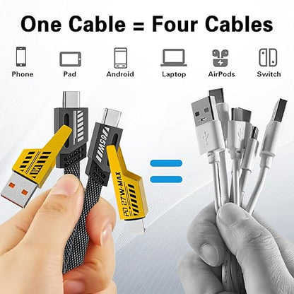 2Pack 4 in 1 Fast Charging Cable, Transferring Data, 6.65 Ft, Braided Cable 65W, USB C USB A and IP, Multiple Charging Cable for Phone/Pad/More